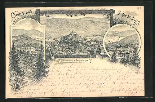 Vorläufer-Lithographie Schwarzburg, 1891, Panorama mit Hotels vom Tripstein gesehen