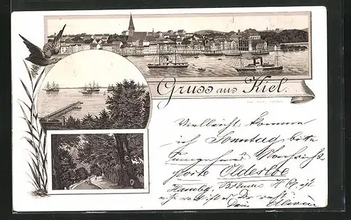 Vorläufer-Lithographie Kiel, 1892, Totalansicht mit Dampfer am Seesteg