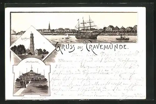 Vorläufer-Lithographie Travemünde, 1891, Totalansicht mit Leuchtturm und Strandpavillon