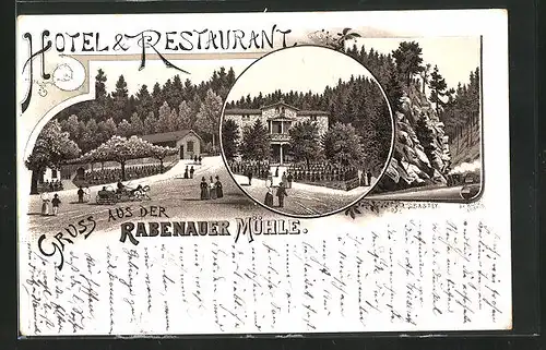 Vorläufer-Lithographie Rabenau, 1891, Gasthaus Rabenauer Mühle und Bastei