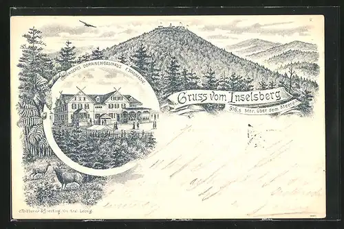 Lithographie Inselsberg, Gothaisches Gasthaus mit Blick auf den Inselsberg