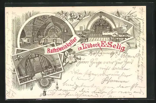 Lithographie Lübeck, Gasthaus von E. Selig, Ratsweinkeller, Innenansicht