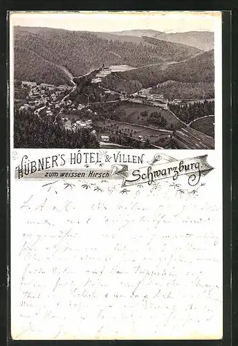 Vorläufer-Lithographie Schwarzburg, 1890, Ortsansicht mit Hotel zum weissen Hirsch