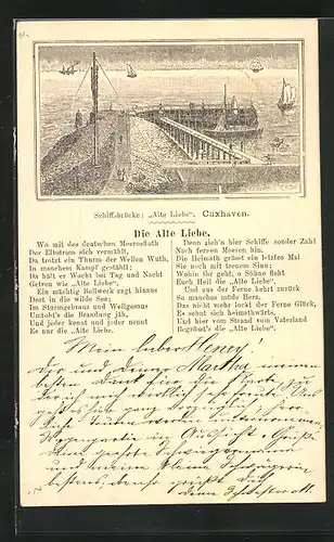 Lithographie Cuxhaven, Schiffsbrücke Alte Liebe mit Gedicht