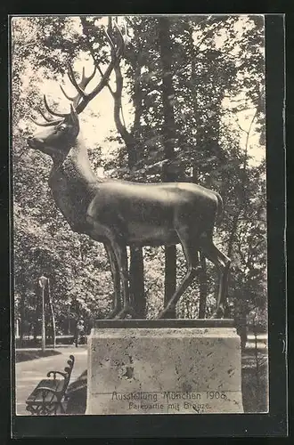 AK München, Ausstellung 1908, Parkpartie mit Bronze