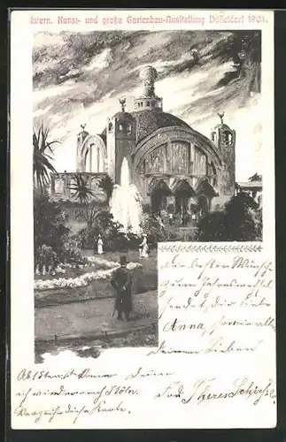 AK Düsseldorf, Intern. Kunst-u. grosse Gartenbau-Ausstellung 1904, Garten mit Fontaine und Ausstellungsgebäude