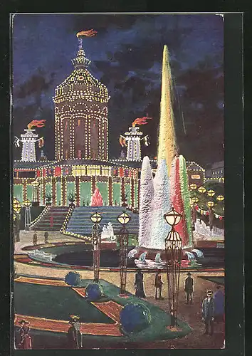 AK Mannheim, Jubiläums-Ausstellung, Wasserturm mit Leuchtfontaine