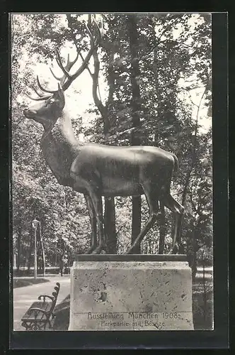 AK München, Ausstellung 1908, Parkpartie mit Bronze