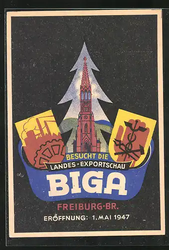 AK Freiburg / Breisgau, Landes-Exportschau Biga 1947, Wappen mit Ausstellungsturm