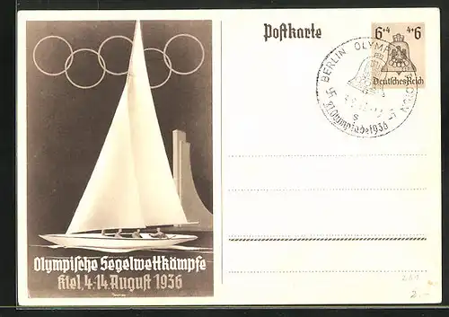 Künstler-AK Kiel, Olympische Segelwettkämpfe 1936, Segelboot, Ganzsache