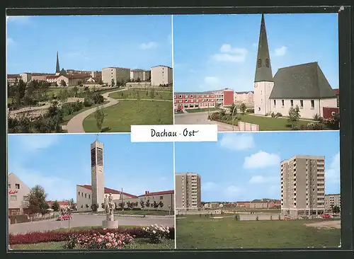 AK Dachau, Neubausiedlungen aus der Vogelschau, Kirche