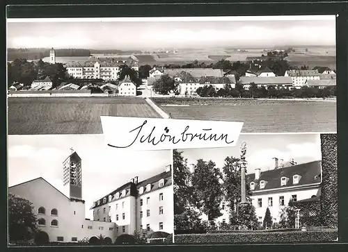 AK Schönbrunn, Ortspartie aus der Vogelschau, Kirche