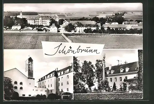 AK Schönbrunn, Ortsansicht aus der Vogelschau, Kirche