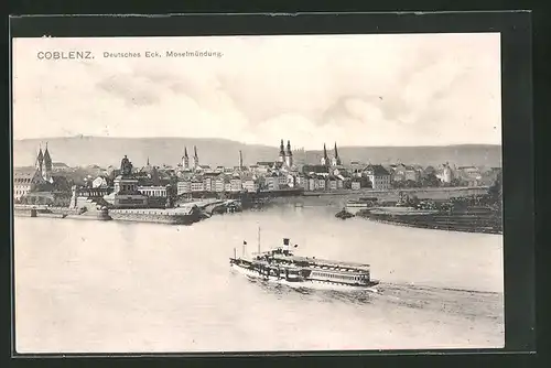 AK Koblenz, Deutsches Eck, Moselmündung, Ausflugsdampfer