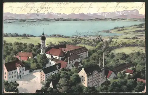 AK Andechs, Kloster mit Ammerse und Gebirge