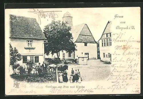 AK Anspach / Taunus, Gasthaus Zur Post mit Kirche