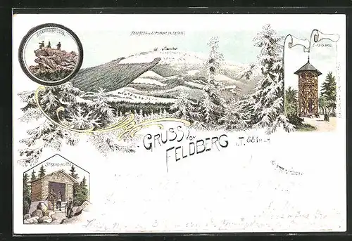 Winter-Lithographie Feldberg / Taunus, Streng-Hütte, Lips-Tempel, Panorama