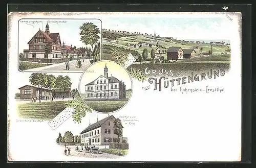 Lithographie Hüttengrund, Gasthof Zum heiteren Blick, Gasthof Zum Colonaden, Genesungsheim Bethlehemstift