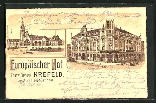 Künstler-AK Krefeld, Hotel Europäischer Hof direkt am Hauptbahnhof