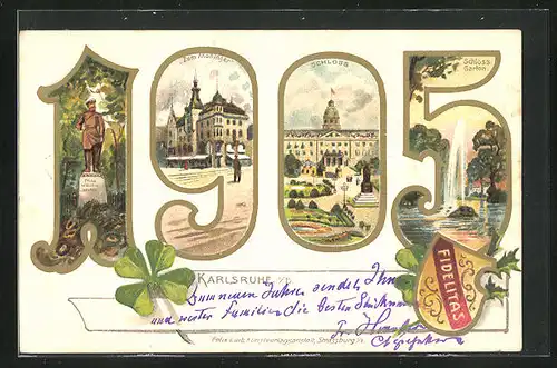 Künstler-AK Karlsruhe i /B., Gasthaus Zum Moninger, Schloss & Schlossgarten in Jahreszahl 1905