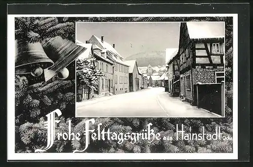 AK Hainstadt /Odw., Strassenpartie mit Gebäudeansicht im Winter, Passepartout