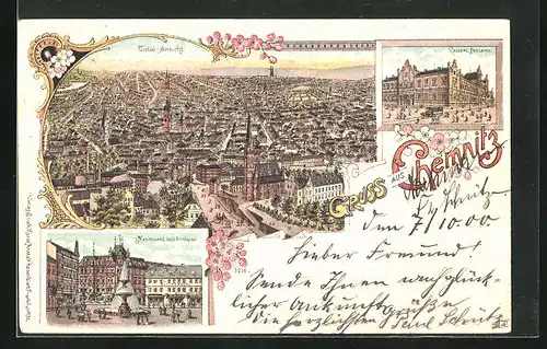 Lithographie Chemnitz, Totalansicht, Kaiserliches Postamt, Neumarkt mit Fontaine