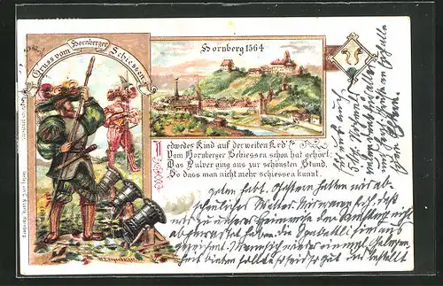 Künstler-AK Hornberg, Teilansicht 1564, Schützen beim Hornberger Schiessen