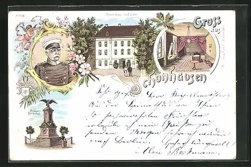 Lithographie Schönhausen, Geburtshaus des Fürsten, Inneres Geburtszimmer, Kriegerdenkmal