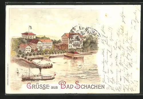 Lithographie Bad Schachen, Flusspartie mit Dampfer, Ortsansicht