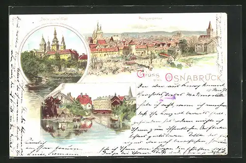 Lithographie Osnabrück, Panorama, Dom vom Wall, Haasepartie