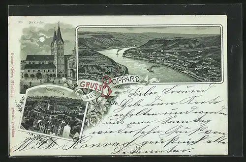 Mondschein-Lithographie Boppard, Kirche, Marienberg, Totalansicht