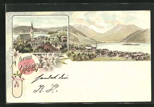 Lithographie Schliersee, Totalansicht mit Kirchturm und See