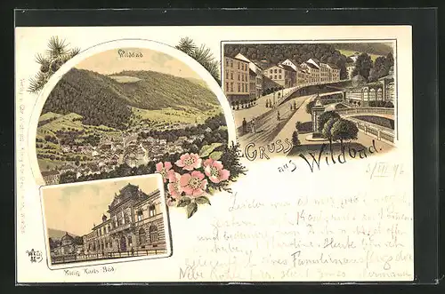 Lithographie Wildbad, Gesamtansicht, König Karls-Bad, Ortspartie mit Brücke