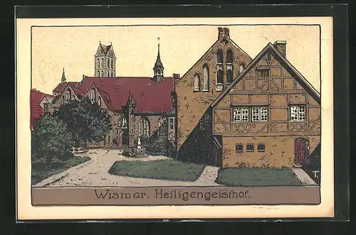 Steindruck-AK Wismar, Heiligengeisthof mit Kirchturm