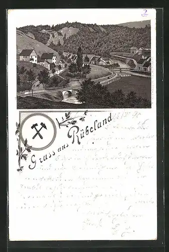 Lithographie Rübeland, Ortspartie am Fluss
