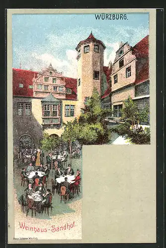 Künstler-AK Würzburg, Innenhof des Weinhaus-Sandhof