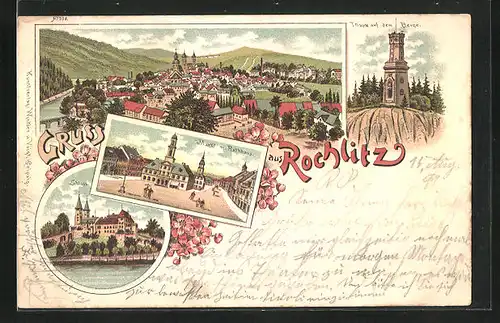 Lithographie Rochlitz, Schloss, Markt mit Rathaus