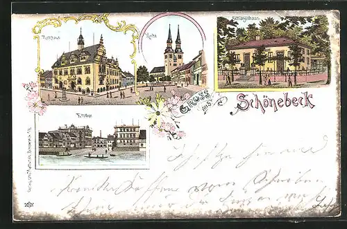 Lithographie Schönebeck /Elbe, Restaurant Schützenhaus, Elbtor