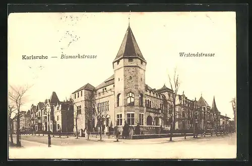 AK Karlsruhe, Gabelung der Bismarkstrasse und Westendstrasse