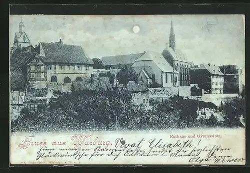 Mondschein-AK Warburg, Rathaus und Gymnasium bei Nacht