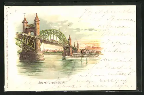 Lithographie Bonn, Rheinbrücke bei Dämmerung