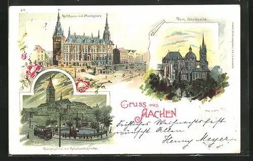 Lithographie Aachen, Rathaus mit Marktplatz, Dom, Kaiserplatz bei Nacht