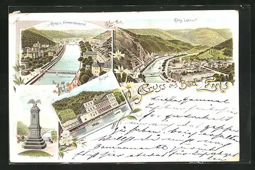 Lithographie Bad Ems, Krieger Denkmal, Kursaal, Totalansicht mit Flusspartie