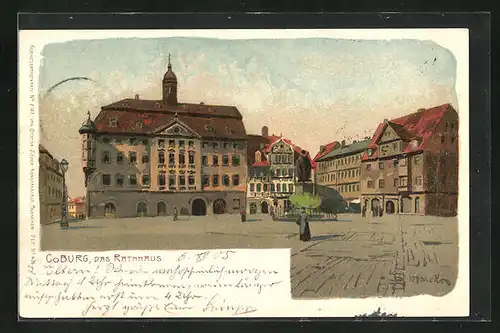 Künstler-AK Coburg, Das Rathaus mit Marktplatz