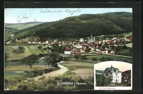 AK Schmitten i. T., Hotel Wenzel und Totalansicht mit Kirche
