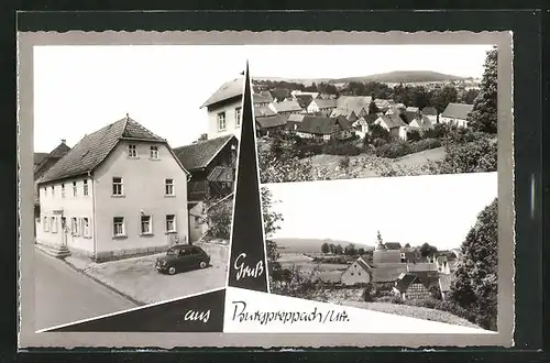 AK Burgpreppach, Ortsansichten mit Cafe Elise Dietz, Kirche und Wohnhäusern