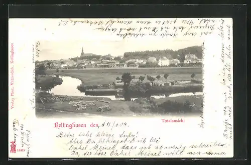 Präge-AK Kellinghusen, Totalansicht mit Fluss und Kirche