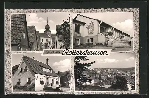 AK Rottershausen, Schule, Kirche und Gemischtwarenhandel Stahl