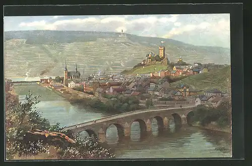 Künstler-AK Bingen /Rhein, Ortsansicht mit Burg Klopp und Drususbrücke