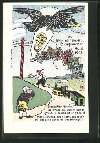 AK Die letzten württemberg. Briefmarken 1902, Postgeschichte, Adler mit Pickelhaube